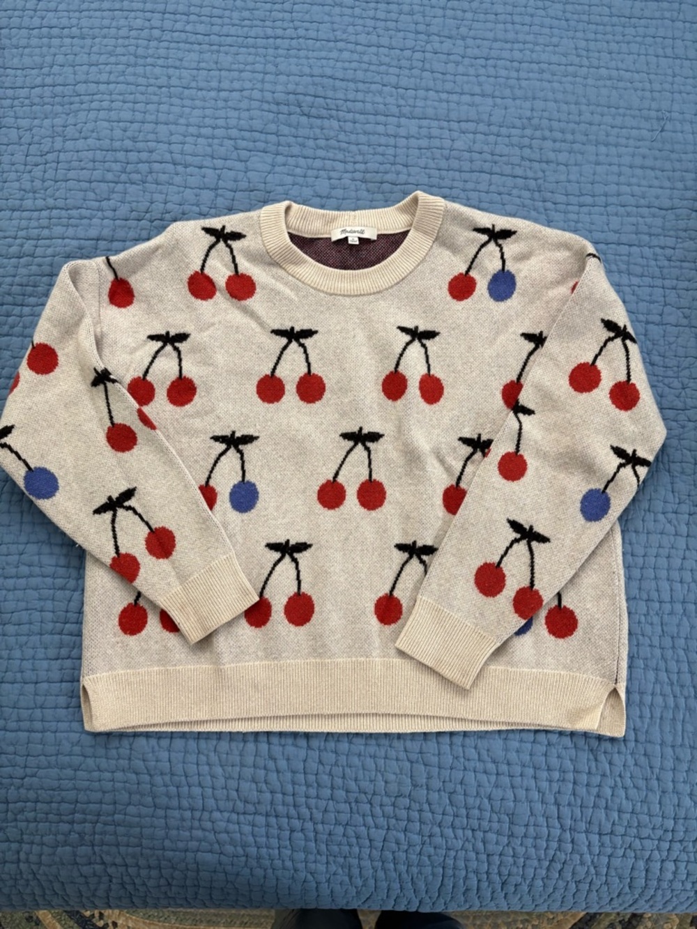ModCloth Cream Cherry Knit Sweater with Red & Blue Cherries